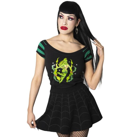 She Creature Glitter Black Green Stripe Off Shoulder Top Tee S-M-L-XL-2XL-3XL - Picture 3 of 3